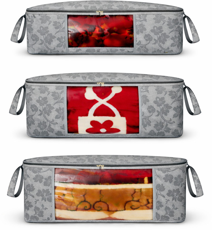 crafty craft Combo of 3 Floral Print Blanket Storage Bags with Transparent Window Large Capacity Zip Storage Organizer for Quilts, Comforters, Sarees & Clothes | Foldable Wardrobe Storage Box with Handles(Grey)