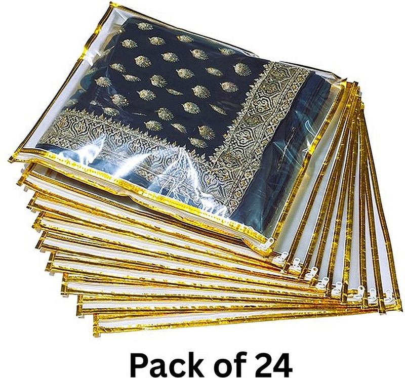 FLYLYF saree cover 24 set plastic bag with zip Saree Bag Cover Dress Bag Cover suit packing bag for wedding Travling 24 Piece Clothes cover storage bags sadi packing covar(Golden saree keeping bags organizer for wardrobe)