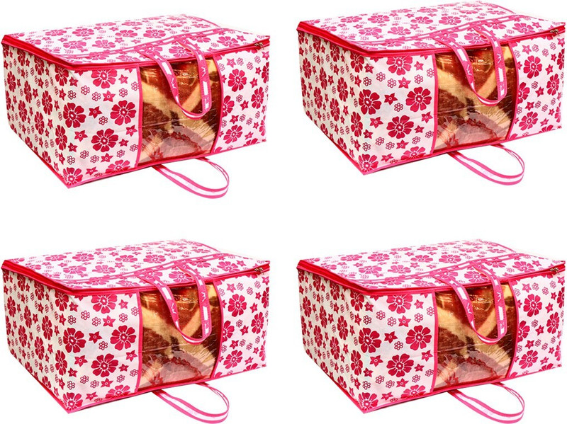 Ankit International AI_PF_Jumbo_004 Presents Pink Flower Non Woven Jumbo Bag For Storage Blanket Pack of 4 AI_PF_Jumbo_004(Pink)