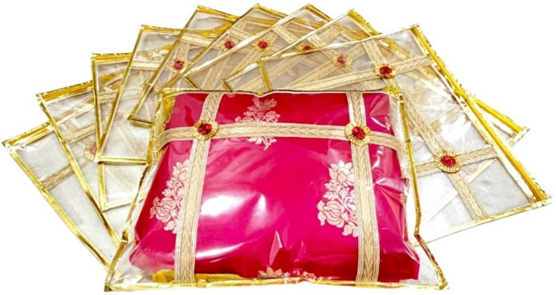 Sarthak Non Woven Single Saree Cover with Golden Double Gota and Flower design | Transparent from both side, Pack of 10 Pcs(Golden)
