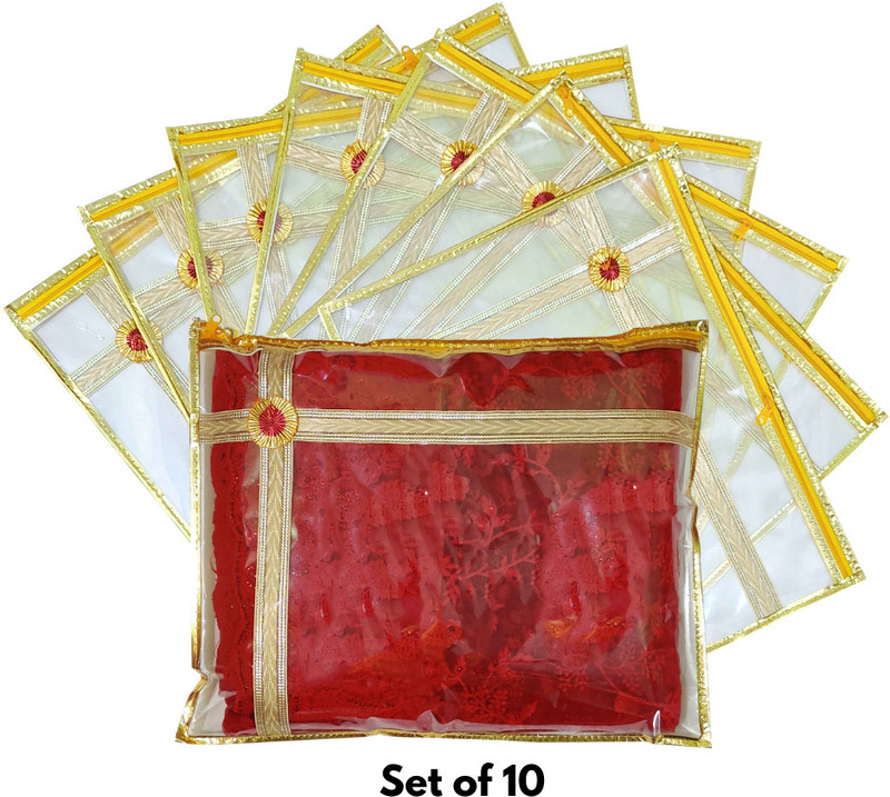 FLYLYF Saree cover Pack of 10 Garment bags with zip Premium Quality Single Saree Packing Bag for wedding Gifting Transparent Saree cover storage bags Suit packing bag for wedding(Golden saree keeping bags Dress packing cover)