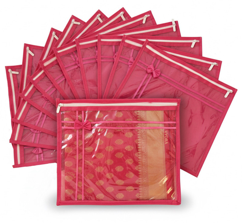 VYORA Saree cover storage bags Packing bags Wardrobe organizer Saree organizer Saree covers 12 set Saree bag cover Dress organizer Storage bags for clothes Clothes organizer Combo Pack of 12 Transparent Storage organiser Saree pouch(Pink)