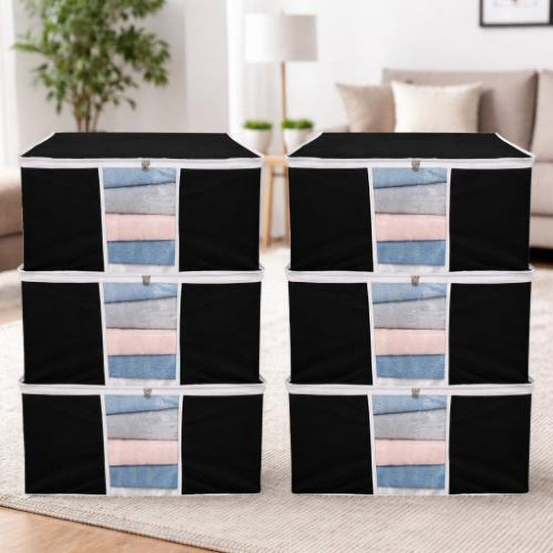 Shifa Hiyma Non-Woven Foldable Saree Cover with Transparent Window & Zip Closure | Clothes, Blanket & Organizer Storage Bag for Wardrobe & Living Room | Suitable for Saree, Lehenga, Suits & Dresses Set of 6(Black)