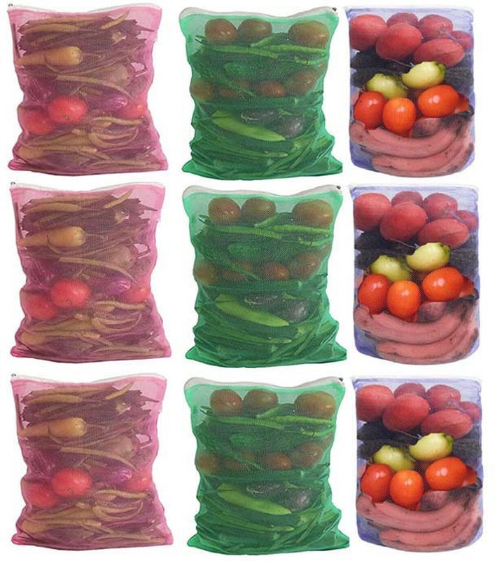 Home Organize Pack of 9 Reusable Mesh Fridge Storage Bags for Fruits and Vegetables / Reusable Washable Fridge Multipurpose Storage Bag ( Pack of 9 ) HO-NEWMESHVEGMUL09(Multicolor)
