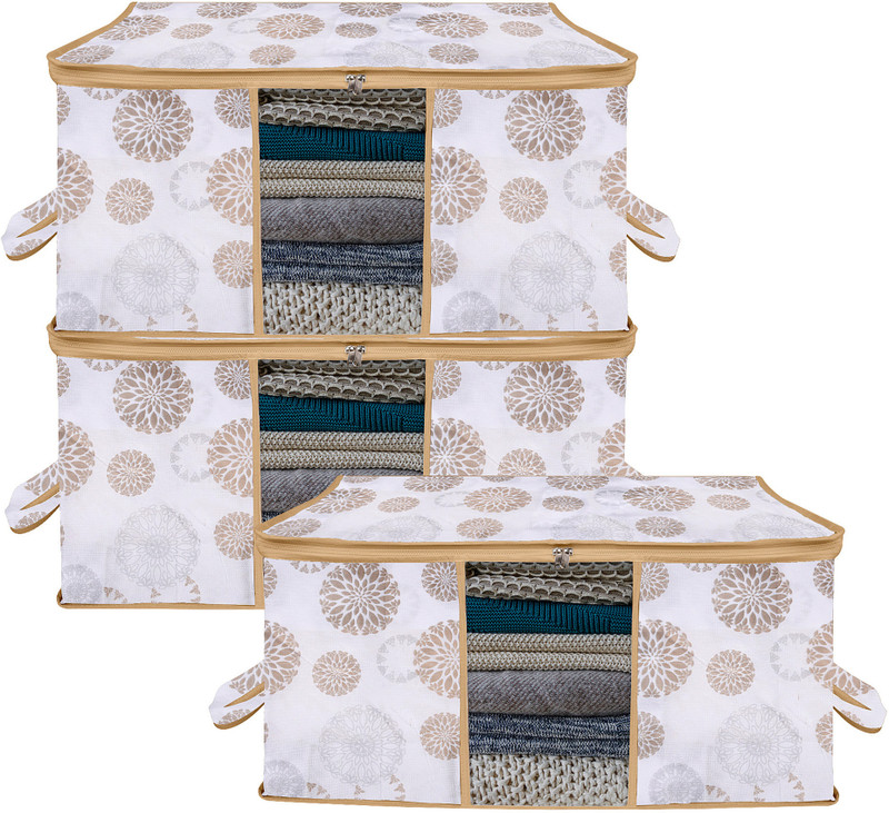 KUBER INDUSTRIES Underbed Storage Bag Gola-Print Underbed Storage Bag with Visible Window & Handle|Pack of 3|White 84KM18144(White)