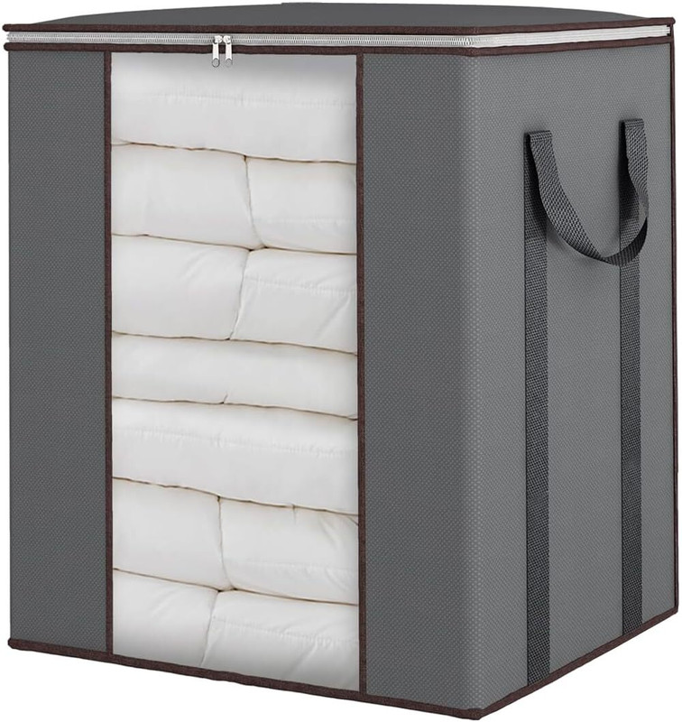 TUFRY 90L Large Capacity Foldable Clothes Storage Bag with Zipper & Transparent Window Durable Non-Woven Fabric Quilt, Blanket & Garment Organizer with Strong Side Handles for Wardrobe & Trave Pack of 1(Grey)