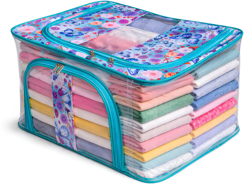 Fairy Choice Butterfly Printed Multipurpose Wardrobe Organizer Nylon PVC Transparent and Moisture Proof Storage bag for Blankets, Bad Sheets With Carry Handle(Sea Green)