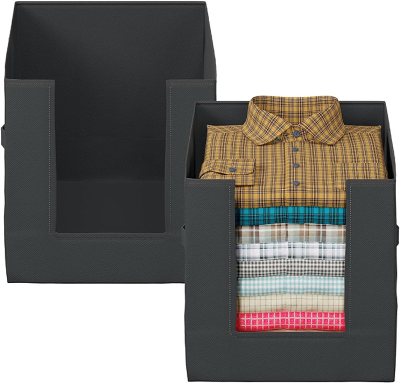 THAILIWALE Foldable Non-Woven Shirt Stacker Organizer Box Front Open Cloth Storage Box / Cupboard Organizer for Clothes Wardrobe Organizer Black Box ST-4 (Pack of 4)(Black)