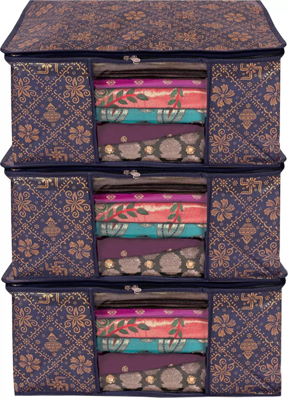 BB BACKBENCHERS Saree Cover Storage Bags, Clothes Storage Box, Saree Bags, Saree Organizer Non- Woven Saree Bags With Transparent Window With Zipper Set Of 3(Blue)
