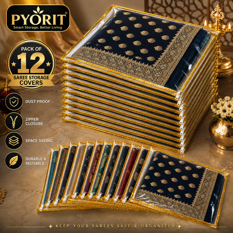 pyorit Premium Garment Organizer Series Transparent Single Saree cover Organza Premium Sadi Packing Bag for wedding Pack 12 Piece Saree storage bags with zip Suit packing covar Golden saree covers(Transparent with Golden Border)