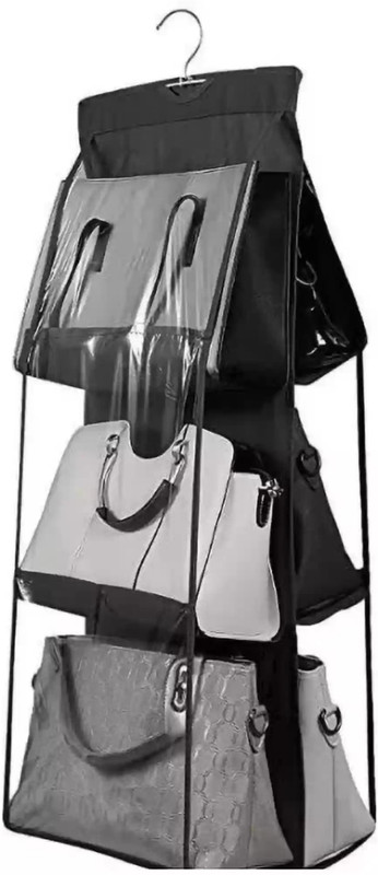 geetacreation Organizer Multipurpose Transparent Storage Bag for Clothes, cloth organizer Garment Cover Hanging Purse Handbags Organizer, 6 Shelves, Foldable(Black)