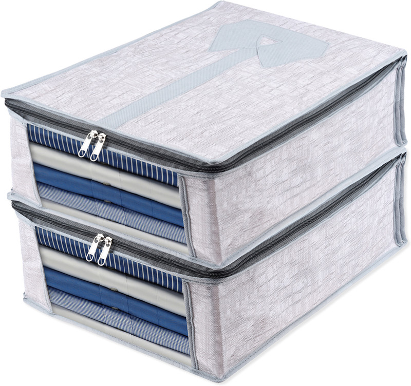 KUBER INDUSTRIES Jute Printed-Design Shirt Cover|Wardrobe Organizer with Transparent View|Pack of 2 Cloth Storage(Gray)