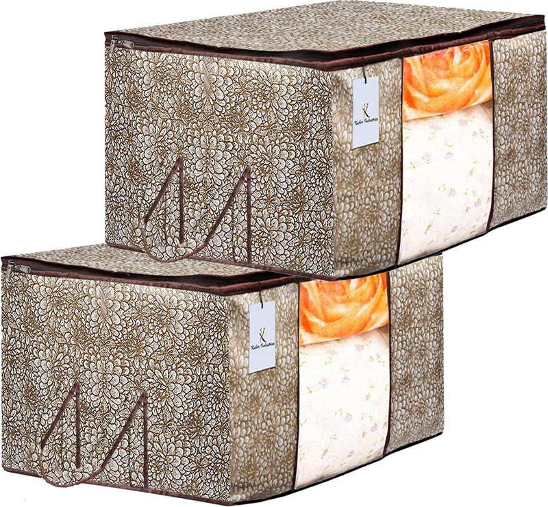 Billion Designer Metalic Printed 2 Piece Non Woven Underbed Storage Bag,Storage Organiser,Blanket Cover with Transparent Window ,Extra Large, Golden & Brown BILLION034517(Golden & Brown)