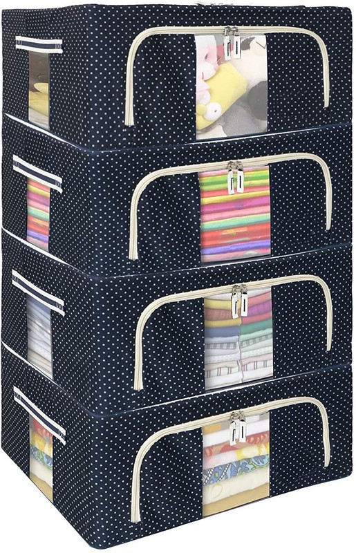 Xpandio Foldable Steel Frame Clothes Organizer Storage Box For Wardrobe Saree, Shirts, And Blankets With Zip 24 Litre, Pack of 4, Polka Dots Blue(Blue)