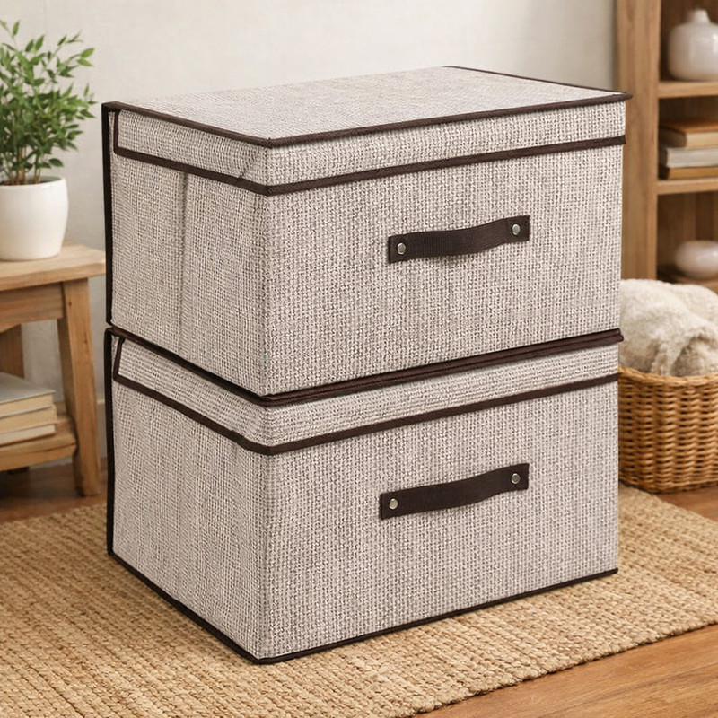 crafty craft Non Woven Fabric Storage Box Combo of 2 with Lid & Handle | Foldable Clothes Organizer for Wardrobe, Closet, Bedroom, Living Room | Multipurpose Storage Basket for Clothes, Toys, Blankets(Brown)