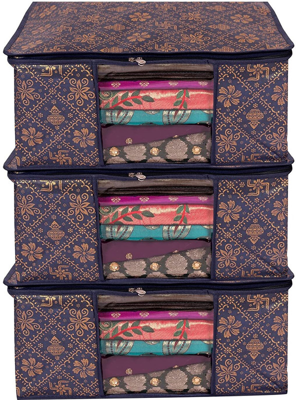 Ankit International Saree Cover Premium-Quality Trendy For Wardrobe Organizer Garments Storage bags-Big in size Gold Printed Sakhiya kalash Pack of -3(Blue, Brown)