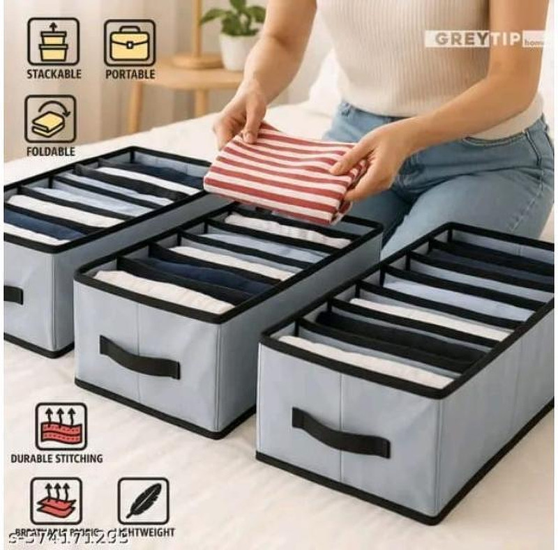 Gemstones 7 Grids Non Woven Wardrobe Closet Drawer Organizer For Clothes Storage Organiser Foldable and Stackable Jeans, Sweater, Dresses, T-Shirts Organizer Box Combo of 3(Gray, Black)