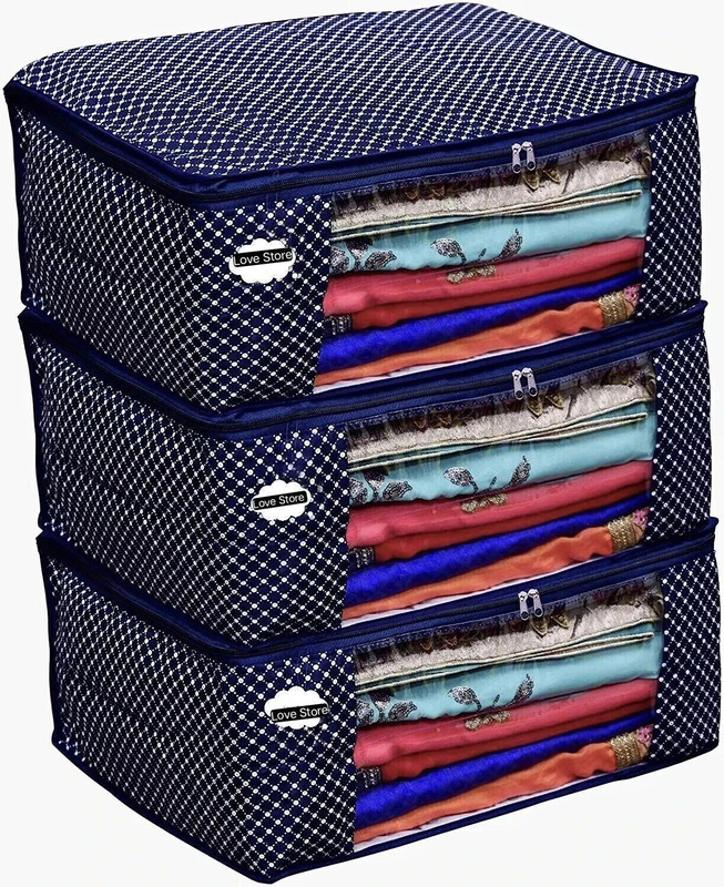 Love Store Present Set of 3 Cotton Quilted 3 Layered Foldable Saree Covers / Clothes / With Transparent Window And Zip Lehenga, Suit, Dress,& Accessories (Navy Blue)(Navy Blue)