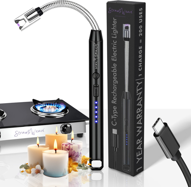 Straw&Weave Electric Rechargeable Plasma Gas Lighter for Kitchen | Pooja, 1 Year Warranty | Steel Electronic Gas Lighter(Black, Pack of 1)