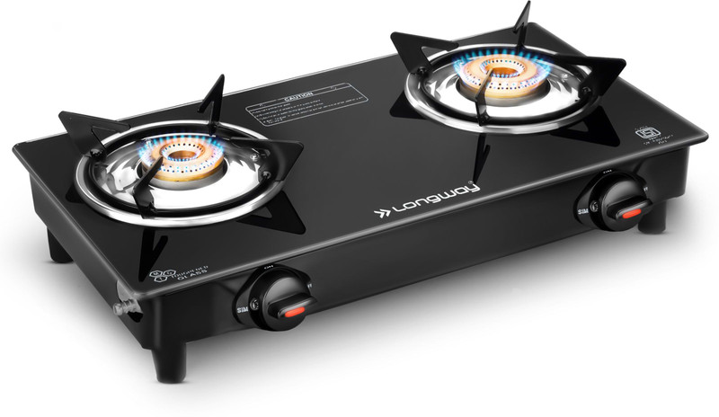 Longway Premium ISI Certified, Glass-top|Spill-proof, Easy-clean design|Anti skid legs, Stainless Steel, Glass Manual Gas Stove(2 Burners)