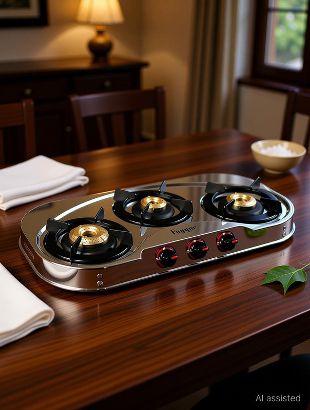 Fogger Premium Stainless Steel Finish ISI certified Stove Stainless Steel Manual Gas Stove(3 Burners)