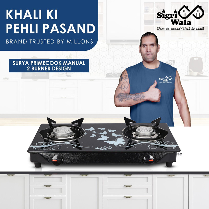 Sigri-wala Primecook Manual Cute Design Toughened Glass Gas Stove Stainless Steel Manual Gas Stove(2 Burners)
