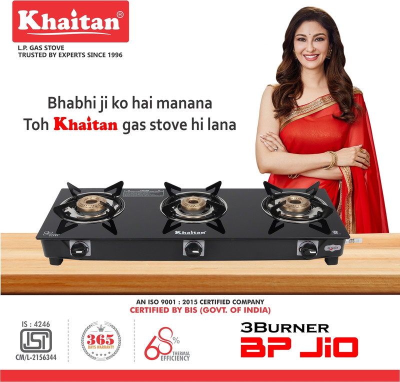 Khaitan 3B BP JIO Black Glass Manual Gas Stove(3 Burners)