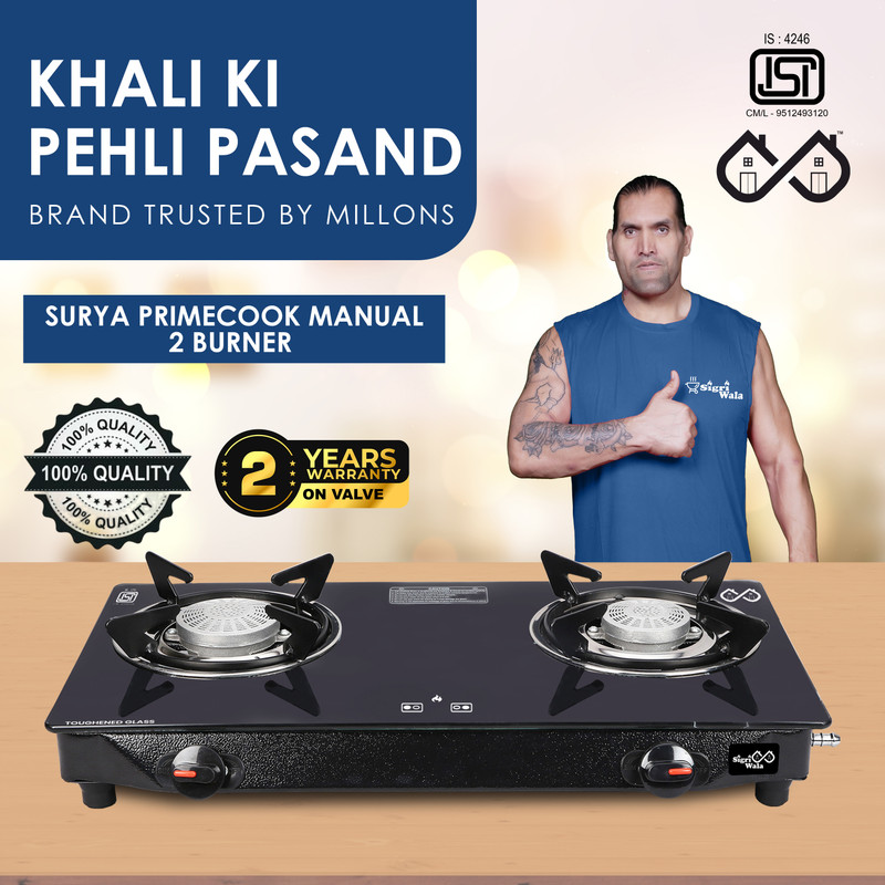 Sigri-wala Primecook Manual Cute Design Toughened Glass Gas Stove Stainless Steel Manual Gas Stove(2 Burners)