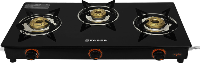 FABER JADE 3BC BK Manual Ignition, Black, Cast Iron Burners Glass Manual Gas Stove(3 Burners)