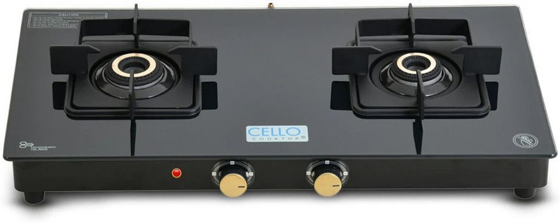 CELLO Black Pearl 2 Burner Toughened Glass Top Gas Stove, Brass Burners, Black Finish Glass Automatic Gas Stove(2 Burners)