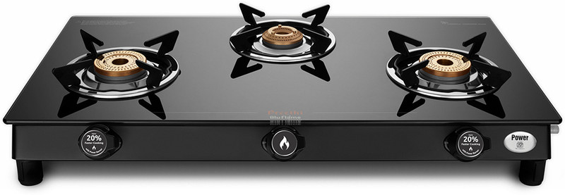 Preethi Bluflame Sparkle Power Duo Glass top 3 Open burner gas stove, Manual Ignition Glass Manual Gas Stove(3 Burners)