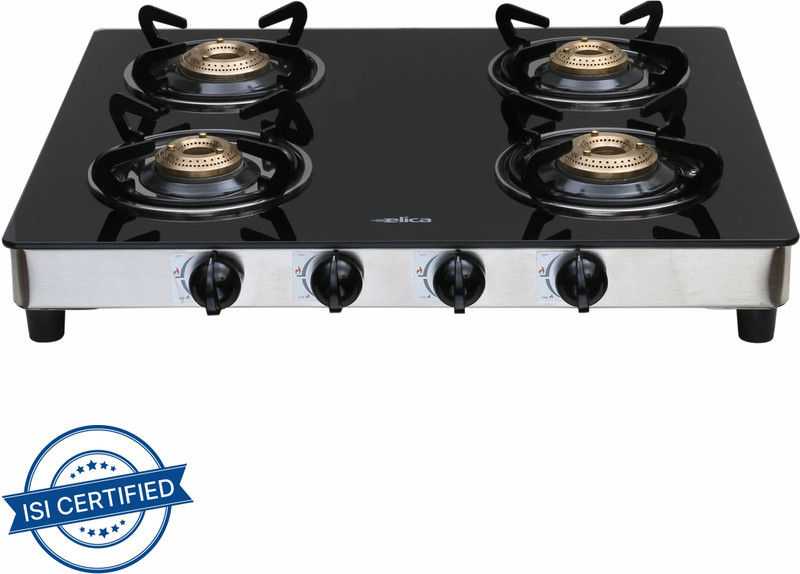Elica 694 CT VETRO BLK AI Glass Automatic Gas Stove(4 Burners)