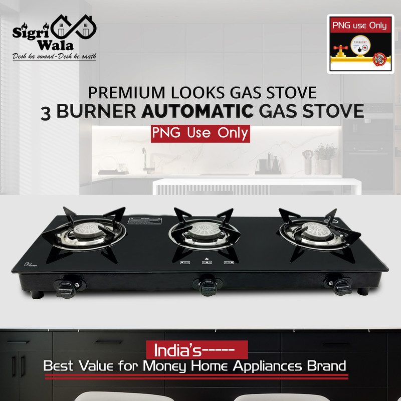 Sigri-wala 3B PNG Compatible Battery less Glass Automatic Gas Stove(3 Burners)