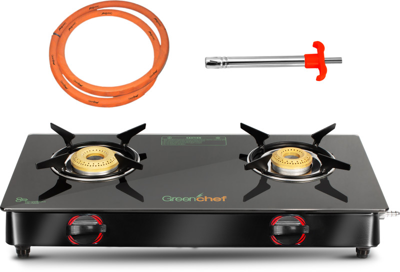 Greenchef Ebony Pro 2BR ( Hose Pipe + Lighter ) Glass Manual Gas Stove(2 Burners)