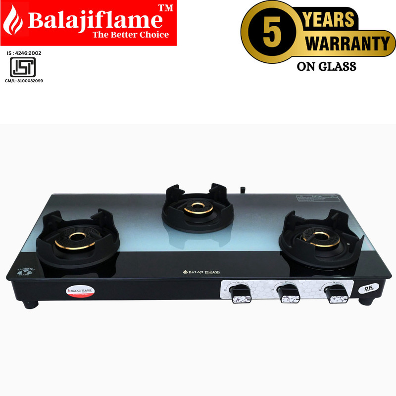 Balajiflame Slim 3 Burner Gas Stove | Toughened Glass | Manual Ignition Glass Manual Gas Stove(3 Burners)