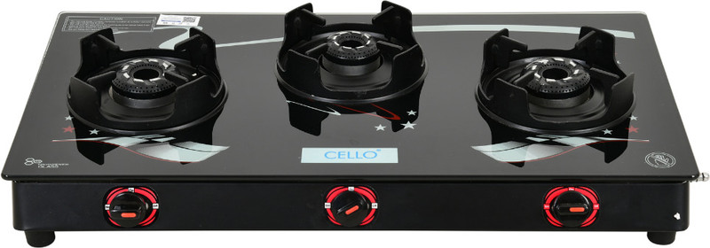 CELLO Star Manual Gas Stove Black Glass Top, Alloy Burners Glass Manual Gas Stove(3 Burners)