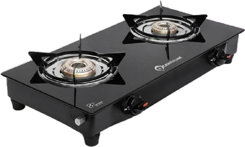 LIGHTFLAME Smart Gas Stove with 2 Burner, Manual Ignition, ISI Certified Black Toughened Glass Manual Gas Stove(2 Burners)