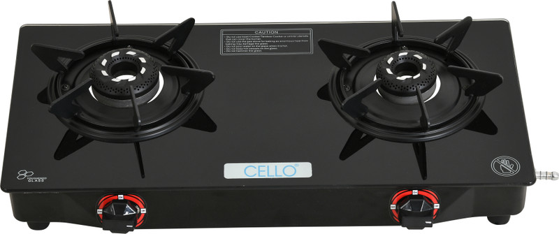 CELLO Hexa Manual Ignition Black Aluminium Alloy Burner Toughened Glass Glass Manual Gas Stove(2 Burners)