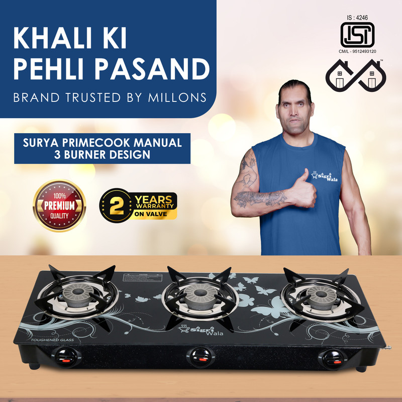 Sigri-wala Surya Primecook Manual Cute Design Toughened Glass Gas Stove Stainless Steel Manual Gas Stove(3 Burners)