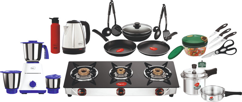 Pigeon Family Kitchen with Mixer, Cookware,Kettle, Water bottle, Cooker Set, Glass Manual Gas Stove(3 Burners)