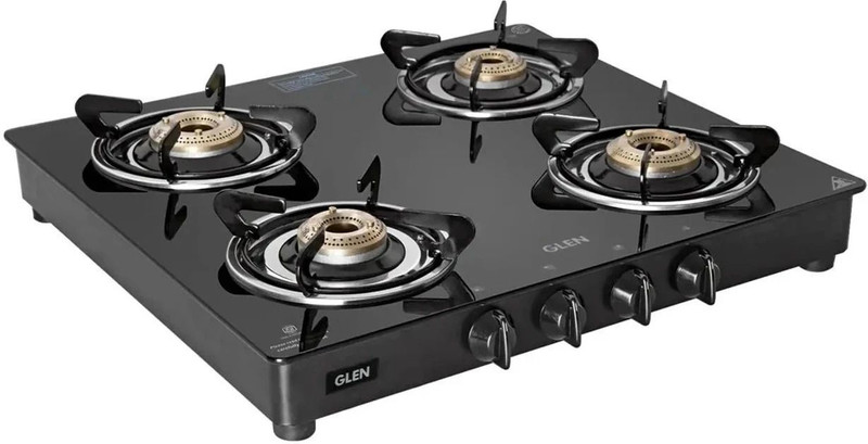 Glen LPG Gas Stove 4 Burner Glass Top Fuel Efficient Brass Burners 2 Year Warranty Glass Manual Gas Stove(4 Burners)