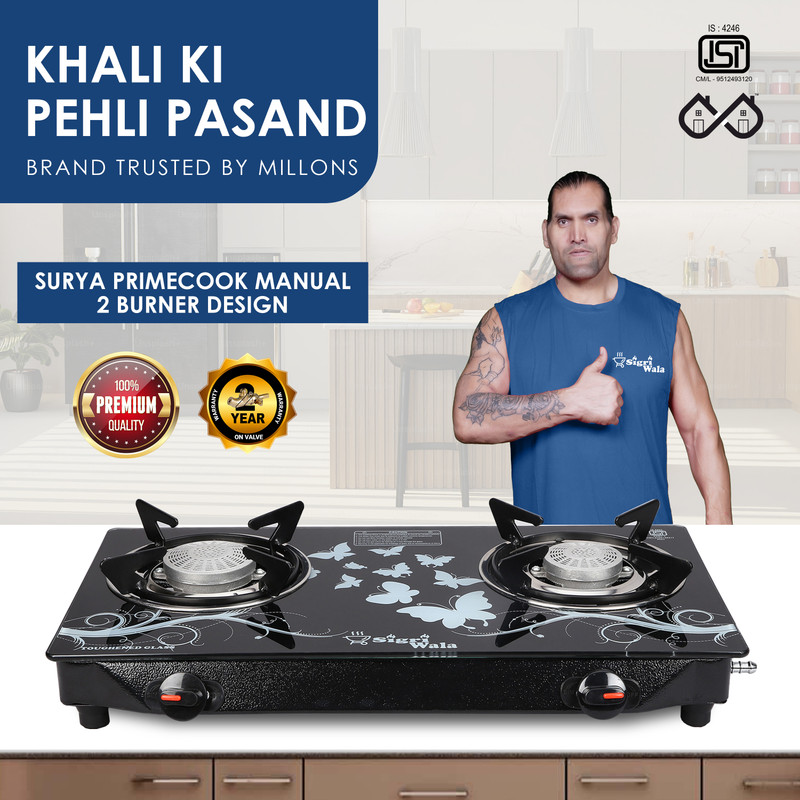 Sigri-wala Cute 2B Combo(Lighter+Hose Pipe) Toughened Glass Tornado Burner(Bk) Glass Stove Glass Manual Gas Stove(2 Burners)