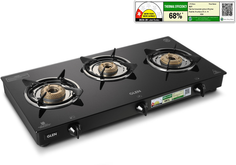 Glen LPG Rapid GT BLK ISI Gas stoves 3 Burner Glass Manual Gas Stove(3 Burners)