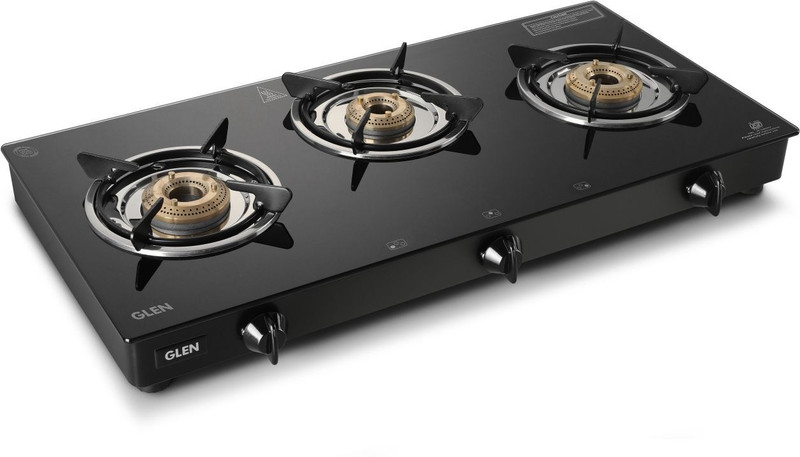 Glen PNG Gas Stove 3 Burner | Brass Burners | 360° Revolving Nozzle | 2 Year Warranty Glass Manual Gas Stove(3 Burners)