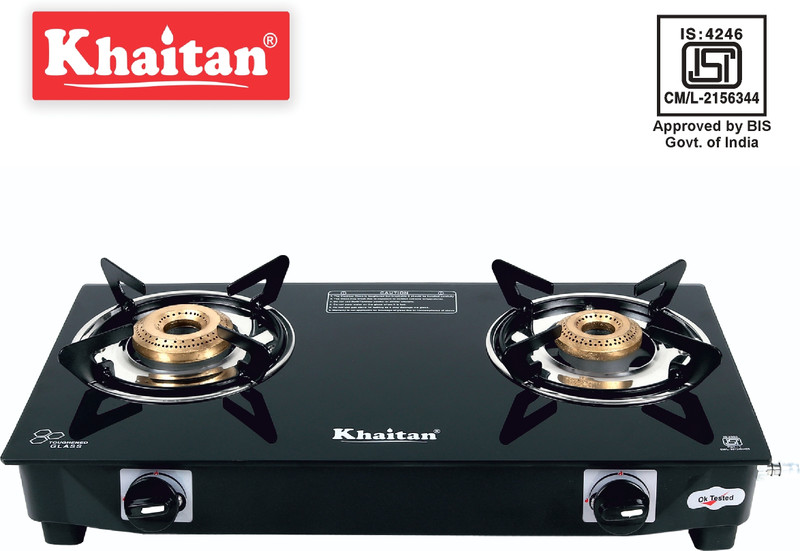 Khaitan 2 Burner BP Nano Premium MS Black Glass Manual Gas Stove  (2 Burners)