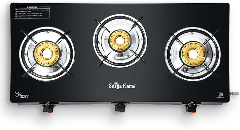 Suryaflame Splendor LPG 3 Burner Gas Stove with Brass Burner & Toughened Glass Top Glass Manual Gas Stove(3 Burners)