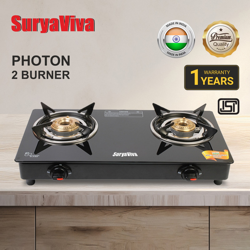 SURYAVIVA Photon 2B BK Toughened 2 Cast Iron (,Black) Glass Manual Gas Stove(2 Burners)