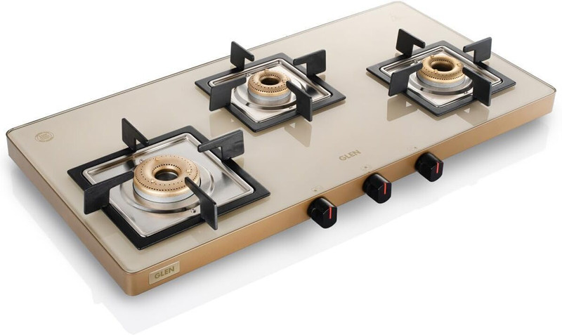 Glen Ultra Slim Apricot Glass Gas Stove 1 High Flame 3 Forged Brass Burner CT1047USAC Glass Manual Gas Stove(4 Burners)