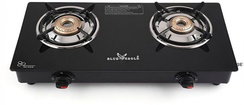 Blue eagle Classic Toughened Black Glass Top and High-Efficiency Cast Iron Burners Glass Manual Gas Stove(2 Burners)