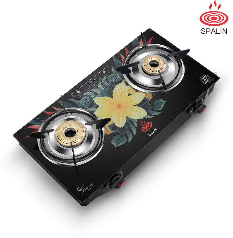 Spalin 2 Burner Glass Top Gas Stove, Manual Ignition, (Digital, ISI Certified) (FLOWER) Crystal Manual Gas Stove(2 Burners)